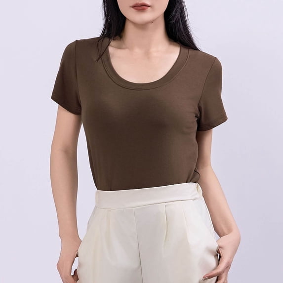 Women's Casual T-Shirt, Soft Stretch Cotton Blend Short Sleeve U-Neck Top for Everyday Comfort, Basic Solid Tee