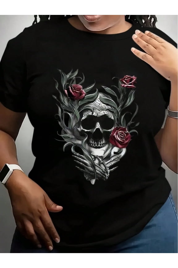 Women's Casual T-Shirt White Skull And Roses Graphic Print For Daily Wear