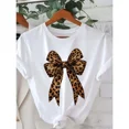 thumbnail image 1 of Women's Casual T-Shirt with Leopard Print Bow Graphic, Soft 100% Cotton Short Sleeve Crewneck for Summer, 1 of 6