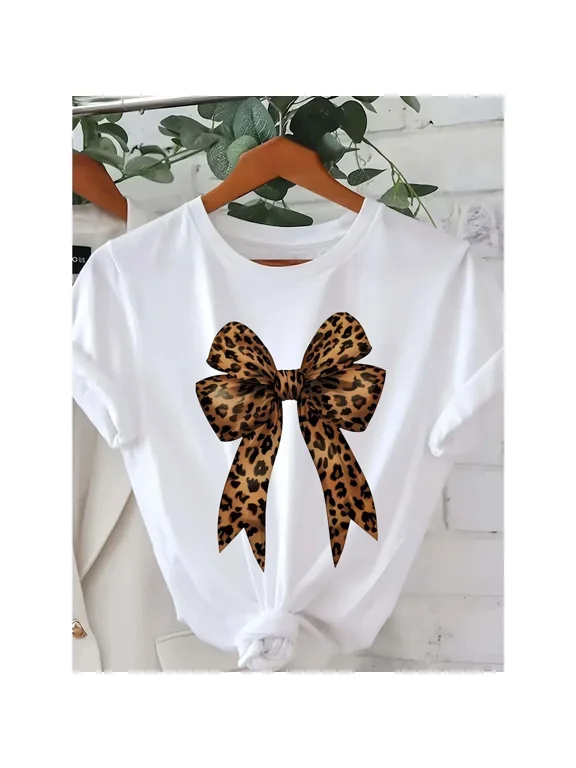 Women's Casual T-Shirt with Leopard Print Bow Graphic, Soft 100% Cotton Short Sleeve Crewneck for Summer