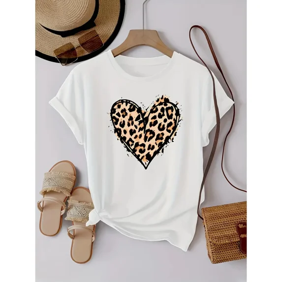 Women's Casual T-Shirt with Leopard Print Bow Graphic, Soft 100% Cotton Short Sleeve Crewneck for Summer