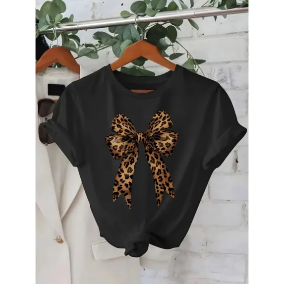 Women's Casual T-Shirt with Leopard Print Bow Graphic, Soft 100% Cotton Short Sleeve Crewneck for Summer