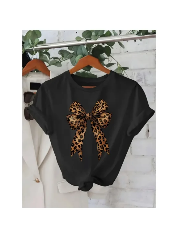 Women's Casual T-Shirt with Leopard Print Bow Graphic, Soft 100% Cotton Short Sleeve Crewneck for Summer