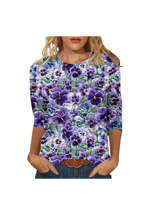 Women's Casual T-Shirts 3/4 Sleeve Color Block Cute Tops Comfy Blouses