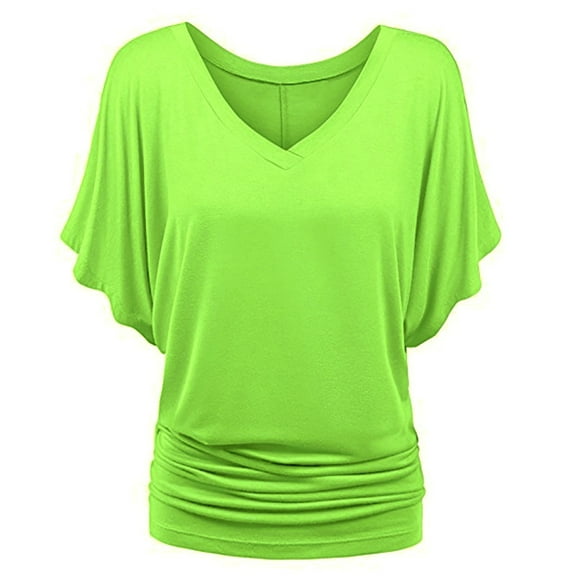 Women's Casual T-Shirts Batwing Short Sleeve Solid V-Neck Dolman Tops 2025 Summer Fashion Business Work Loose Blouses