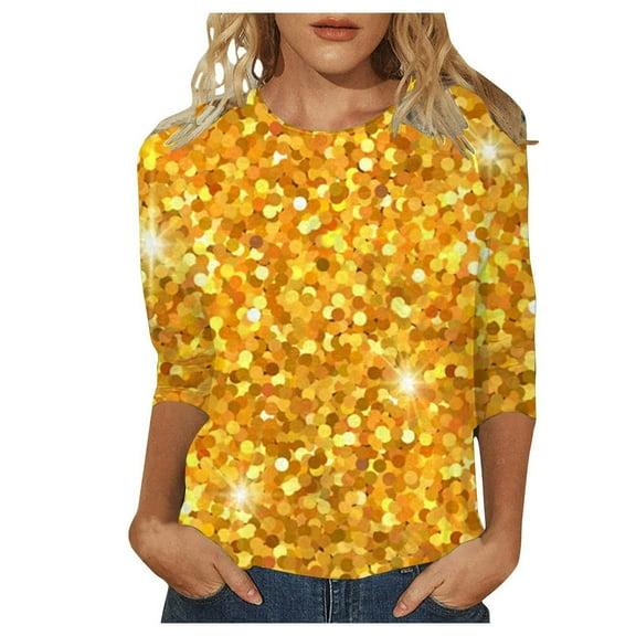 Women's Casual T-Shirts Crew Neck Sequin Effect 3/4 Sleeve Tops for Fashionable Women