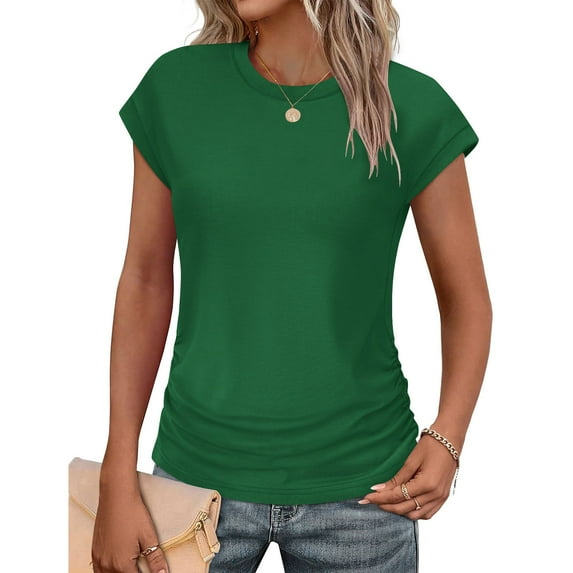 Women's Casual T-Shirts Fashion Slim Blouses Solid Color Slim Soft Round Neck T-Shirt Summer Short Sleeve Loose Pullover Top(Green L)
