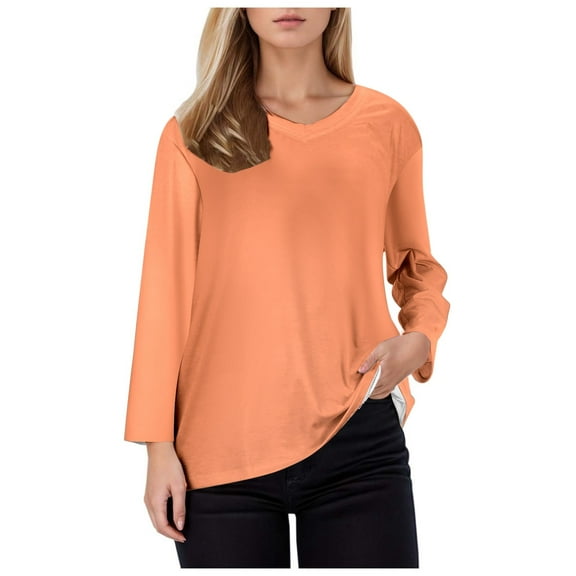 Women's Casual T-Shirts Long Sleeve V Neck Slim Fit Solid Color Top for Daily Wear and Outings