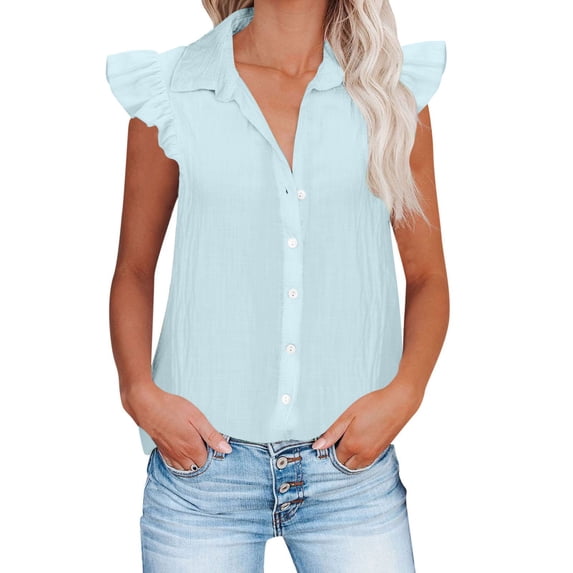 Women's Casual T-Shirts Ruffle Cap Sleeve Shirts Button Down V Neck Tee Dressy Tops Solid Trendy Basic Work Outfits Summer T Shirts Blouses