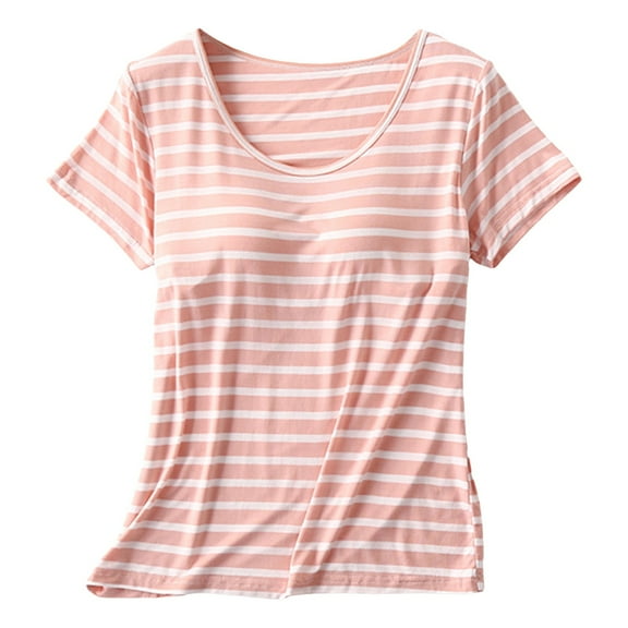 Women's Casual T-Shirts Short Sleeved Vest with Built-In Bra Cup for Comfortable Wear and Relaxation
