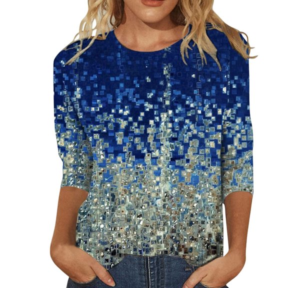 Women's Casual T-Shirts Summer Floral Paisley Printed 3/4 Sleeve Crew Neck Tunic Tops Trendy Dressy Classic Fit Blouses