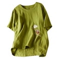 thumbnail image 1 of Women's Casual T-Shirts Summer Short Sleeve Floral Embroidered Tunic Tops Loose Cotton Linen Trendy Blouses Shirts L-2XL, Green, XXL, 1 of 6