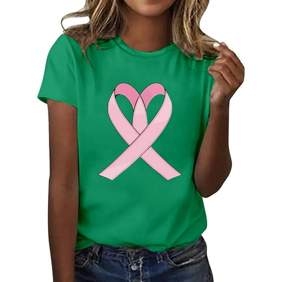 Women's Casual T Shirts With Cancer Awareness Ribbon Print Short Sleeve Round Neck Basic Style For Everyday Wear