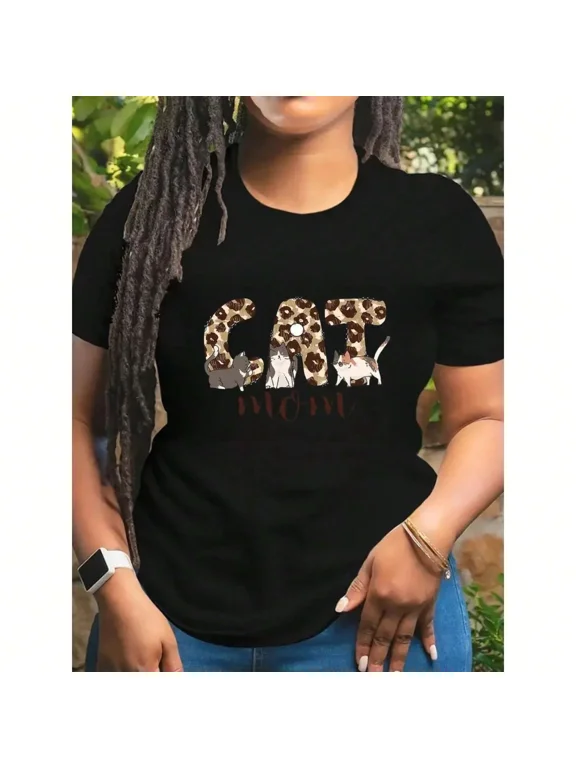 Women's Casual T-shirt, Leopard Print "CAT Mom" Design - Round Neck