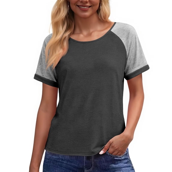 Women's Casual T-shirts Colorblock Trendy Summer Crewneck Short Sleeve Raglan Tee Shirt Base Tshirts (L, Dark Gray)