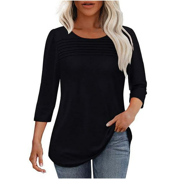 Women's Casual T-shirts with Pleats 3/4 Length Summer Fall Tops Solid Color Crew Neck Soft Poly-Cotton Tees (XL, Black)