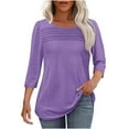 thumbnail image 1 of Women's Casual T-shirts with Pleats 3/4 Length Summer Fall Tops Solid Color Crew Neck Soft Poly-Cotton Tees (XL, Purple), 1 of 5