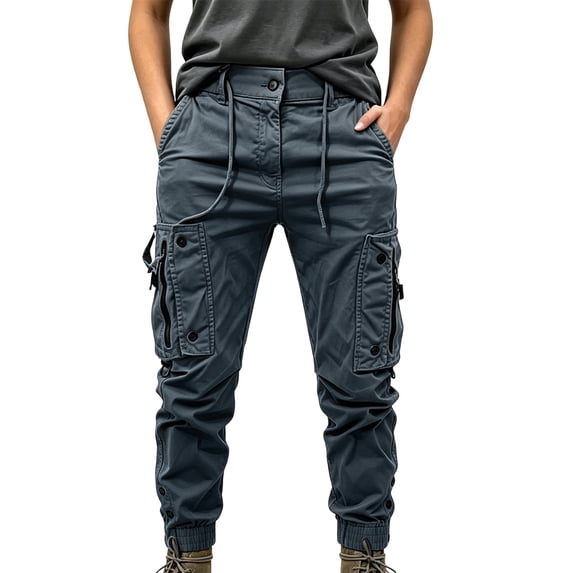 Women's Casual Tactical Cargo Pants Button Closure Drawstring Tapered Workwear Pants with Pockets Outdoor Streetwear Hiking Pants Gray