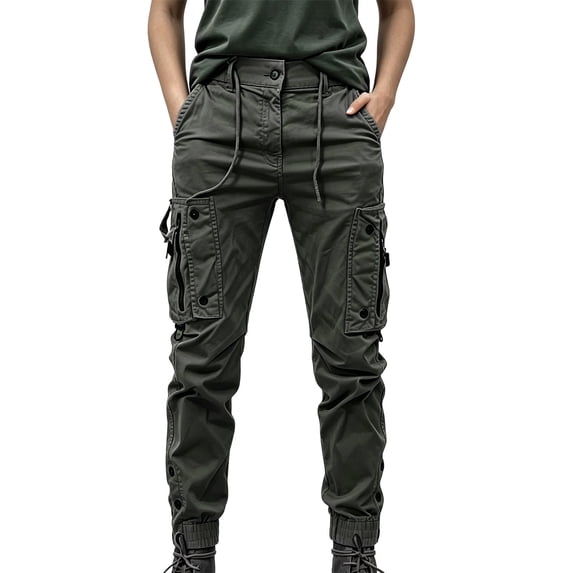 Women's Casual Tactical Cargo Pants Button Closure Drawstring Tapered Workwear Pants with Pockets Outdoor Streetwear Hiking Pants Green
