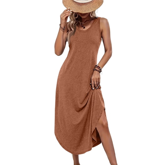 Women's Casual Tank Maxi Dress, Sleeveless Crewneck Summer Long Sundress with Side Slit, Comfy Loose Fit A-Line Beach Dress