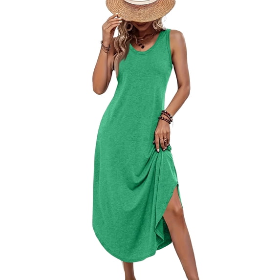 Women's Casual Tank Maxi Dress, Sleeveless Crewneck Summer Long Sundress with Side Slit, Comfy Loose Fit A-Line Beach Dress