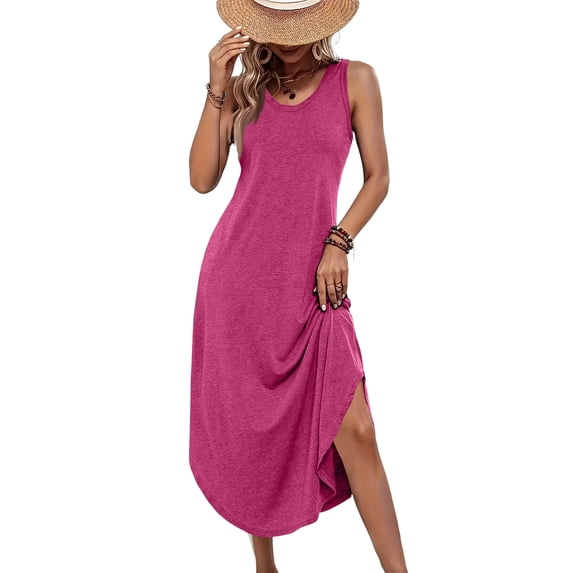 Women's Casual Tank Maxi Dress, Sleeveless Crewneck Summer Long Sundress with Side Slit, Comfy Loose Fit A-Line Beach Dress