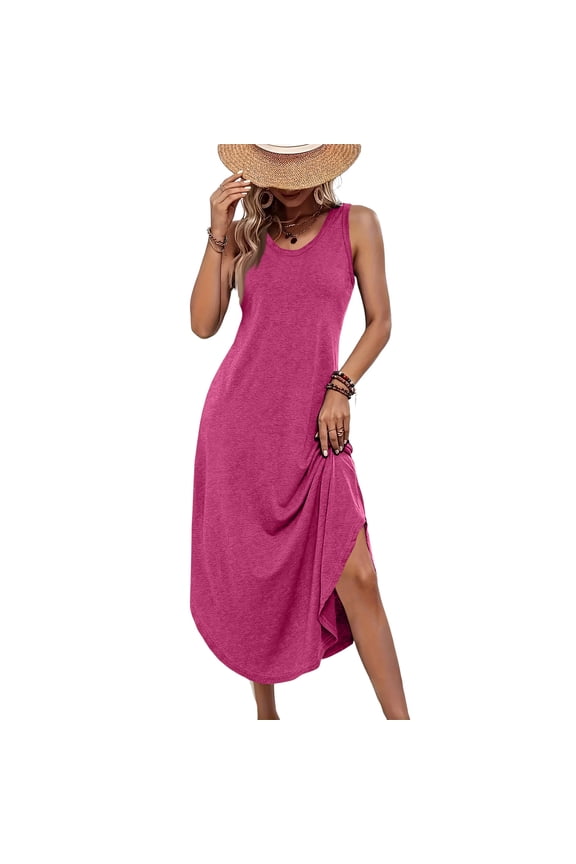 Women's Casual Tank Maxi Dress, Sleeveless Crewneck Summer Long Sundress with Side Slit, Comfy Loose Fit A-Line Beach Dress