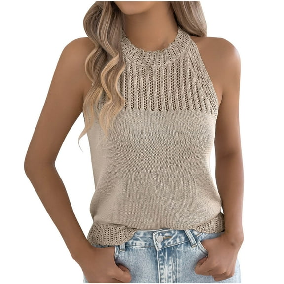 Women's Casual Tank TopsSolid Color Hollow Sleeveless Crew Neck Lightweight Tops & Blouses Women Summer Casual Beach Fashion Shirts Khaki L