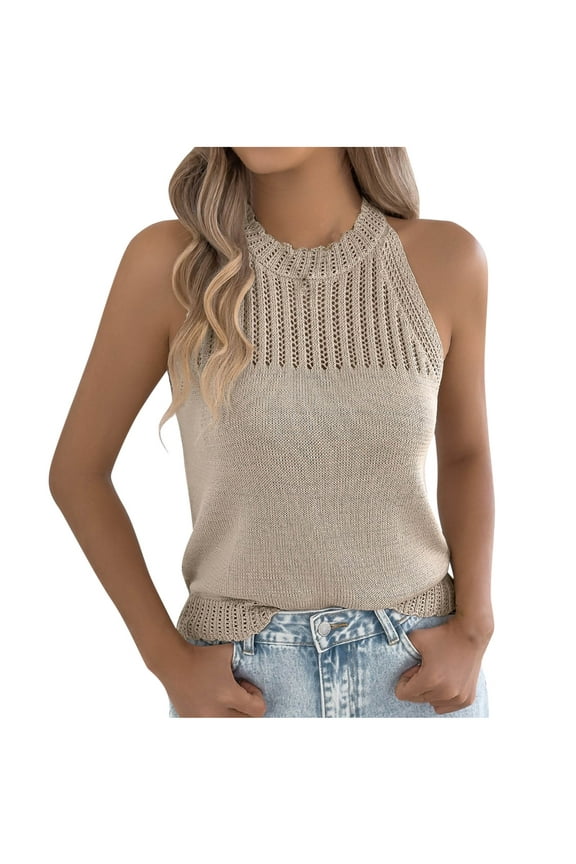 Women's Casual Tank TopsSolid Color Hollow Sleeveless Crew Neck Lightweight Tops & Blouses Women Summer Casual Beach Fashion Shirts Khaki L