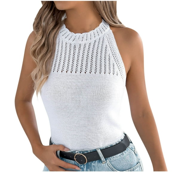 Women's Casual Tank TopsSolid Color Hollow Sleeveless Crew Neck Lightweight Tops & Blouses Women Summer Casual Beach Fashion Shirts White L