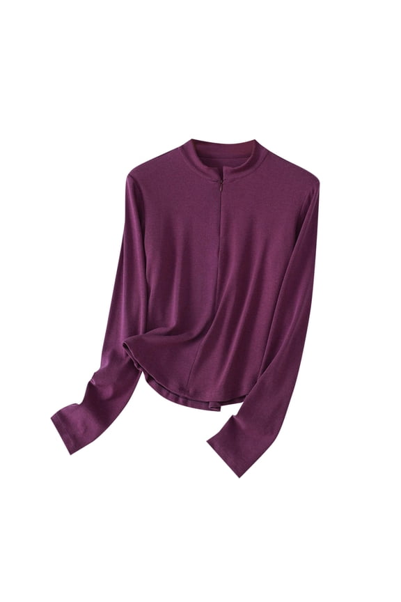Women's Casual Tees Stand Collar Long Sleeve Front Zip Base Layer Tops Tight Comfortable Lightweight Tunic Blouse (L, Purple)