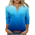 thumbnail image 1 of Women's Casual Tees V Neck Button 3/4 Sleeve Gradient Color Print Pullover Lighweight Casual Tunic Blouse Loose Fit (XL, Blue), 1 of 9