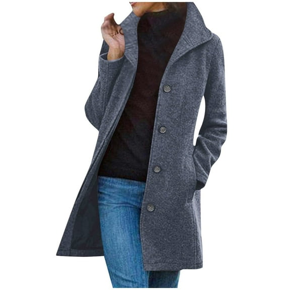 Women's Casual Thicken Wool Blend Pea Coat Open-Front Button Down Jackets Stand Collar Single Breasted Winter Mid Long Overcoat Jackets