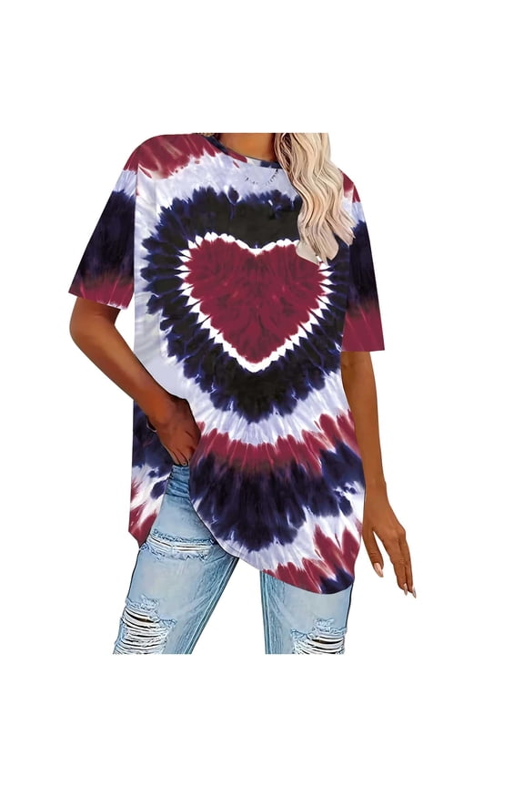 Women's Casual Tie Dye Heart Graphic T Shirt Short Sleeve Crewneck Tee Tops