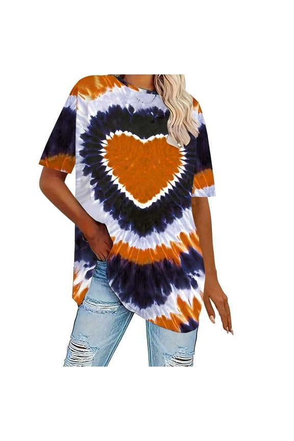 Women's Casual Tie Dye Heart Graphic T Shirt Short Sleeve Crewneck Tee Tops