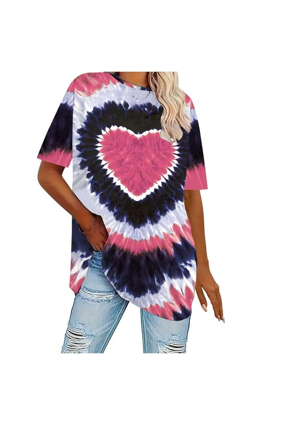 Women's Casual Tie Dye Heart Graphic T Shirt Short Sleeve Crewneck Tee Tops