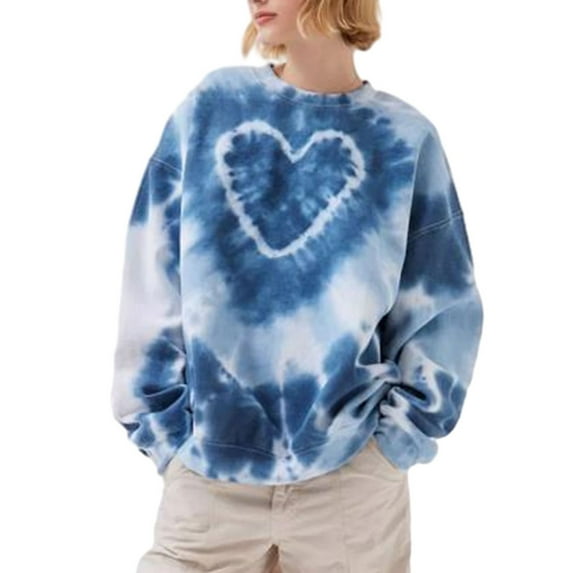 Women's Casual Tie Dye Sweatshirt Long Sleeve Crewneck Heart Print Tops Valentine 's Day Shirt