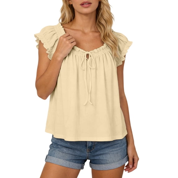Women's Casual Tie Neck T Shirts Short Sleeve Solid Color Print Basic Vacation Tees 2026 Summer Trendy Tops