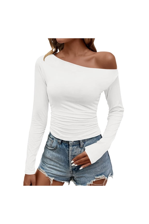 Women's Casual Top Long Sleeve Pullover Solid Color Off Shoulder Loose Fall Winter Wear