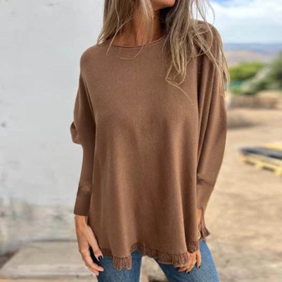 Women's Casual Top Loose Long Sleeve Sweater Crew Neck Top Fall Cozy Outfits With Lace Hem Brown 3XL