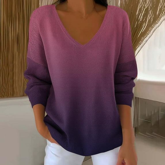 Women's Casual Top with Gradient Floral Print, V-Neck Long Sleeve Loose Fit Blouse, Comfortable and Versatile Shirt for Daily Wear, Home and Work