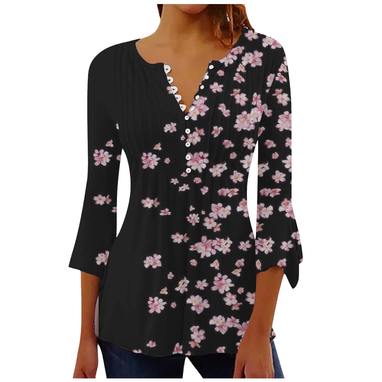 Women's Casual Tops 3/4 Sleeve Printed Button Down Ruched Corset T