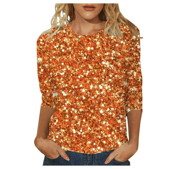 Women's Casual Tops Comfortable Crew Neck Sequin Printed 3/4 Length Sleeve T-Shirts for Everyday Wear