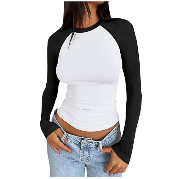 Women's Casual Tops Long Sleeve Crewneck Color Block Slim Fit Tee Shirts Cute Dressy Casual Fall Basic Blouse (L, Black)