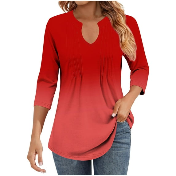 Women's Casual Tops Print 3/4 Sleeve V-Neck Striped Pleated Casual Pullover Tunic Tops Blouse Loose T-Shirt (XL, Blue A)