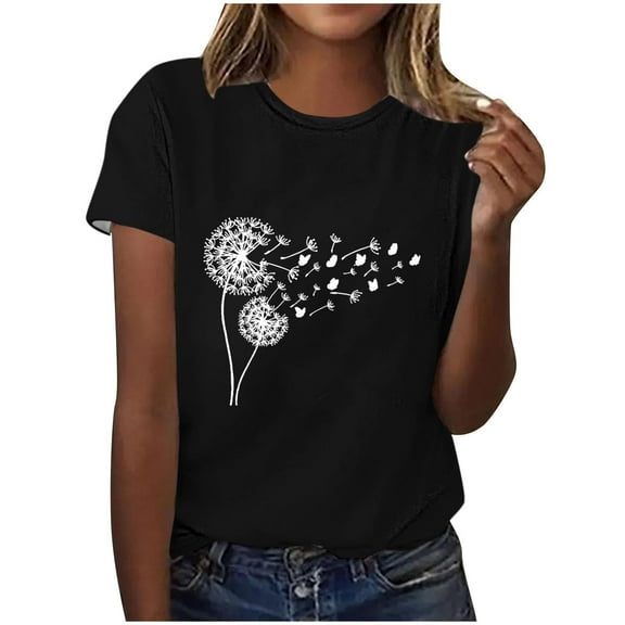 Women's Casual Tops Printed Crew Neck Short Sleeve Shirts Loose Fit Summer Fashion Tees Comfortable Basic Clothes (M, Black 2)