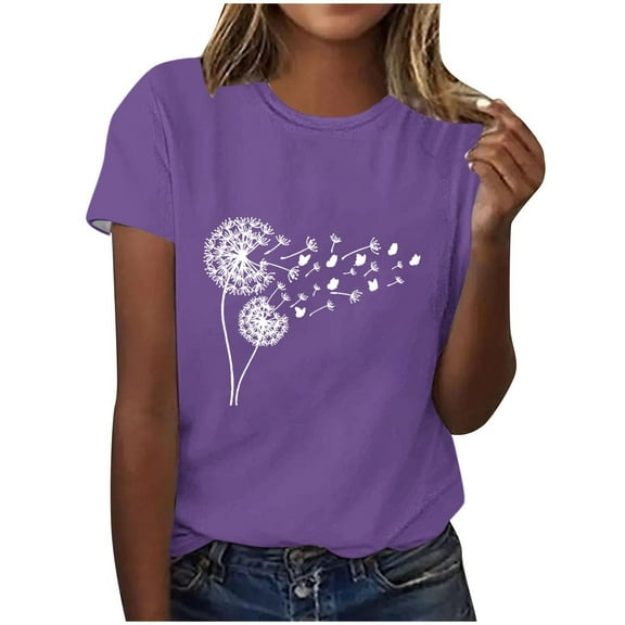 Women's Casual Tops Printed Crew Neck Short Sleeve Shirts Loose Fit Summer Fashion Tees Comfortable Basic Clothes (M, Purple 2)