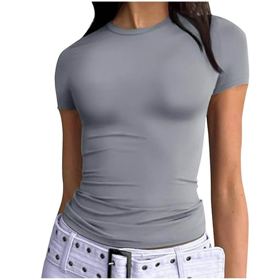 Women's Casual Tops Slim Short Sleeve Crew Neck Tight T Shirts Basic Stretch Lightweight Under Layer T-Shirts