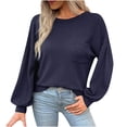 thumbnail image 1 of Women's Casual Tops Solid Color O-neck Hollow Back Blouse Long Puff Sleeves Dressy Waffle Knit Sweater Shirts(M,Navy), 1 of 5