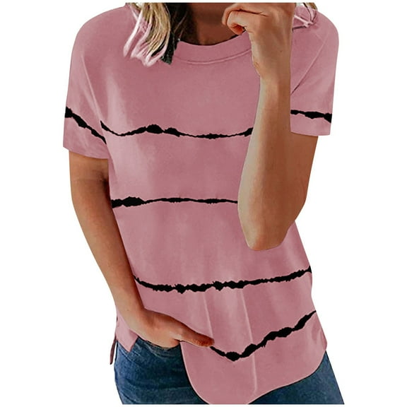 Women's Casual Tops Striped Casual Loose Fit Curved Hem Short Sleeve Shirts Summer Crew Neck Blouses (3XL, Pink)
